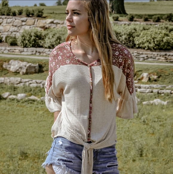 Adora Tops - RELISTED Soft floral waffle knit spliced tie top